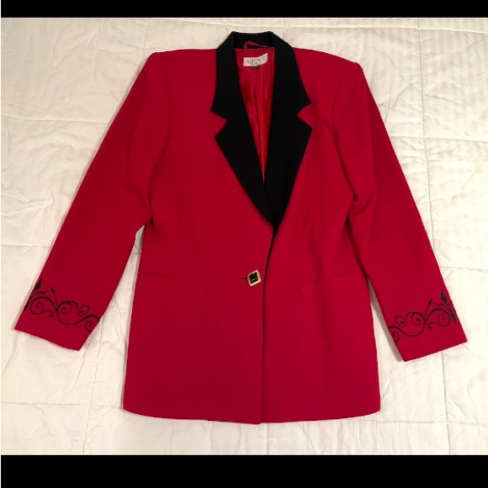 Vintage Kasper International Women's 10 Red Black Wool Blazer Single Button EUC